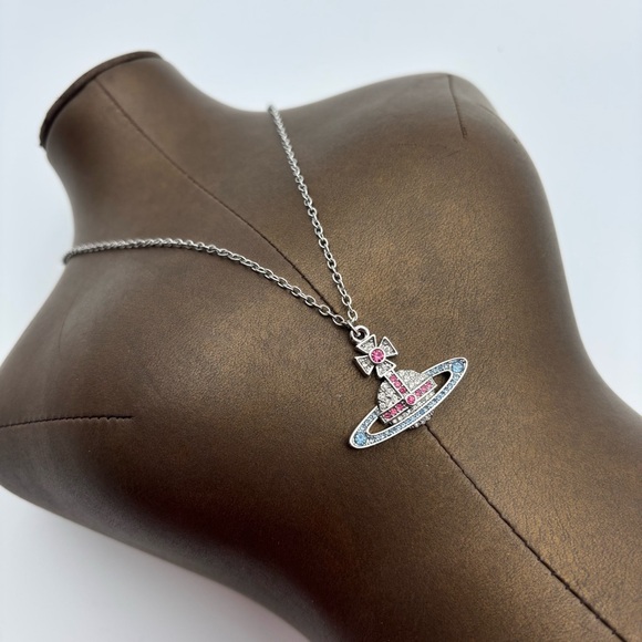Vivienne Westwood Orb Crystal Pendant Necklace Silver Tone Pink Blue - Picture 2 of 5